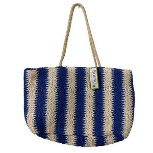 Bueno‎ Collection Striped Straw Bag Blue Tan Travel Beach Vacation Resortwear